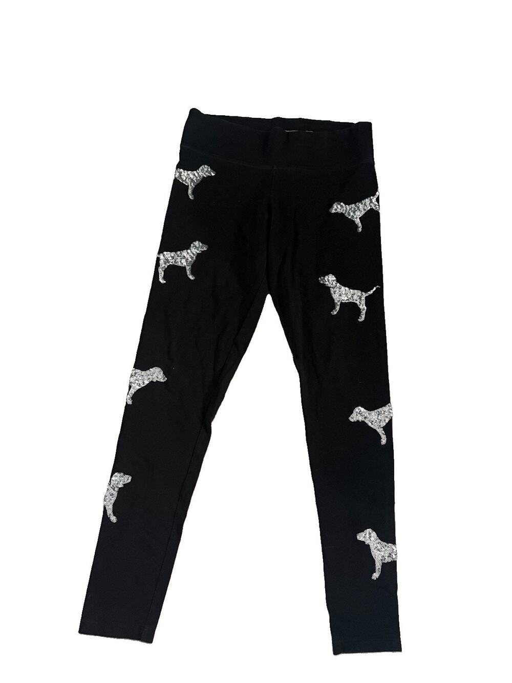Victoria Secret RARE Leggings Women Medium Black F Sequin Dog Bling Y2K Silver
